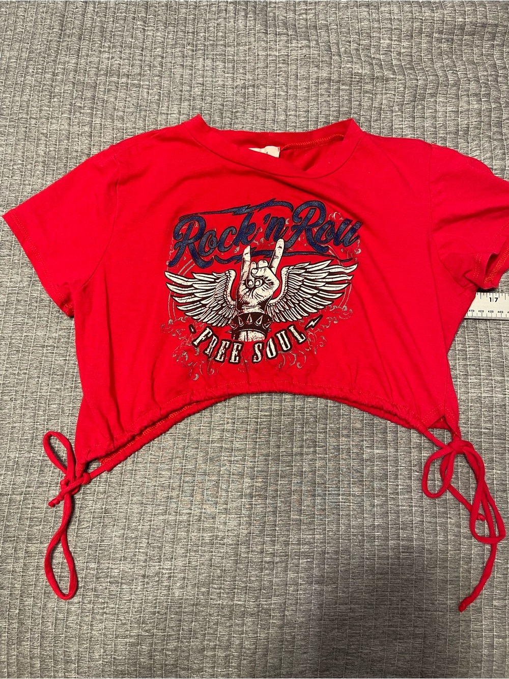 Red "Rock 'n' Roll" Cropped side tie Top